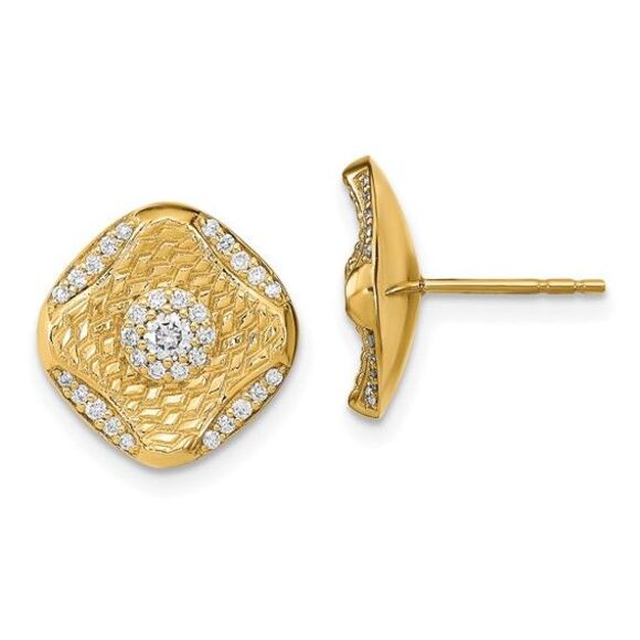 14k Yellow Gold Polished Diamond Square Weave Post Earrings